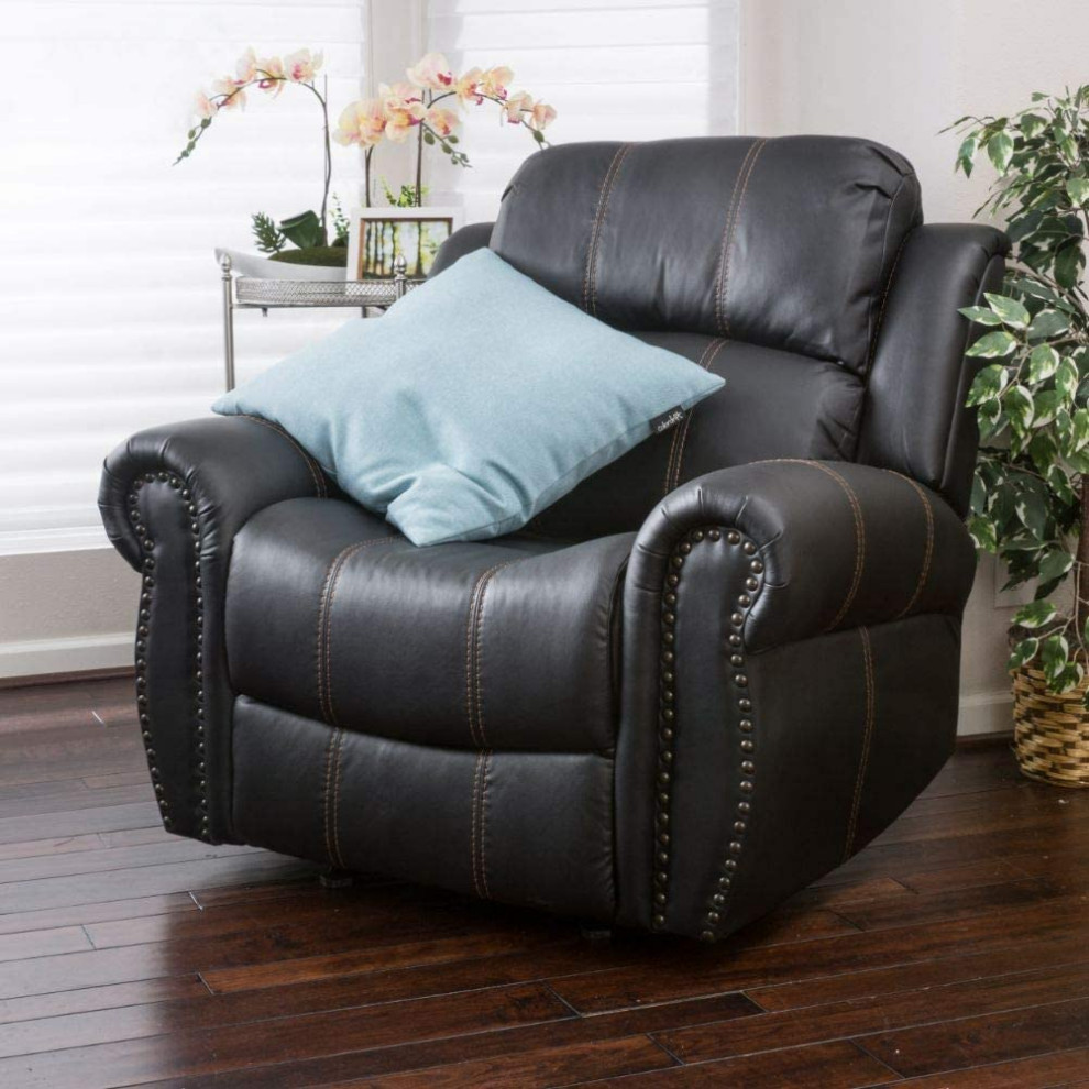 Transitional Gliding Recliner Chair  Faux Leather Seat With Rolled Arms  Black   Transitional   Recliner Chairs   by Declusia  Houzz