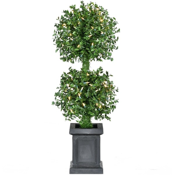 Fraser Hill Farm 3Ft. Boxwood 2Ball Topiary with Black Pot and Warm White LED Lights