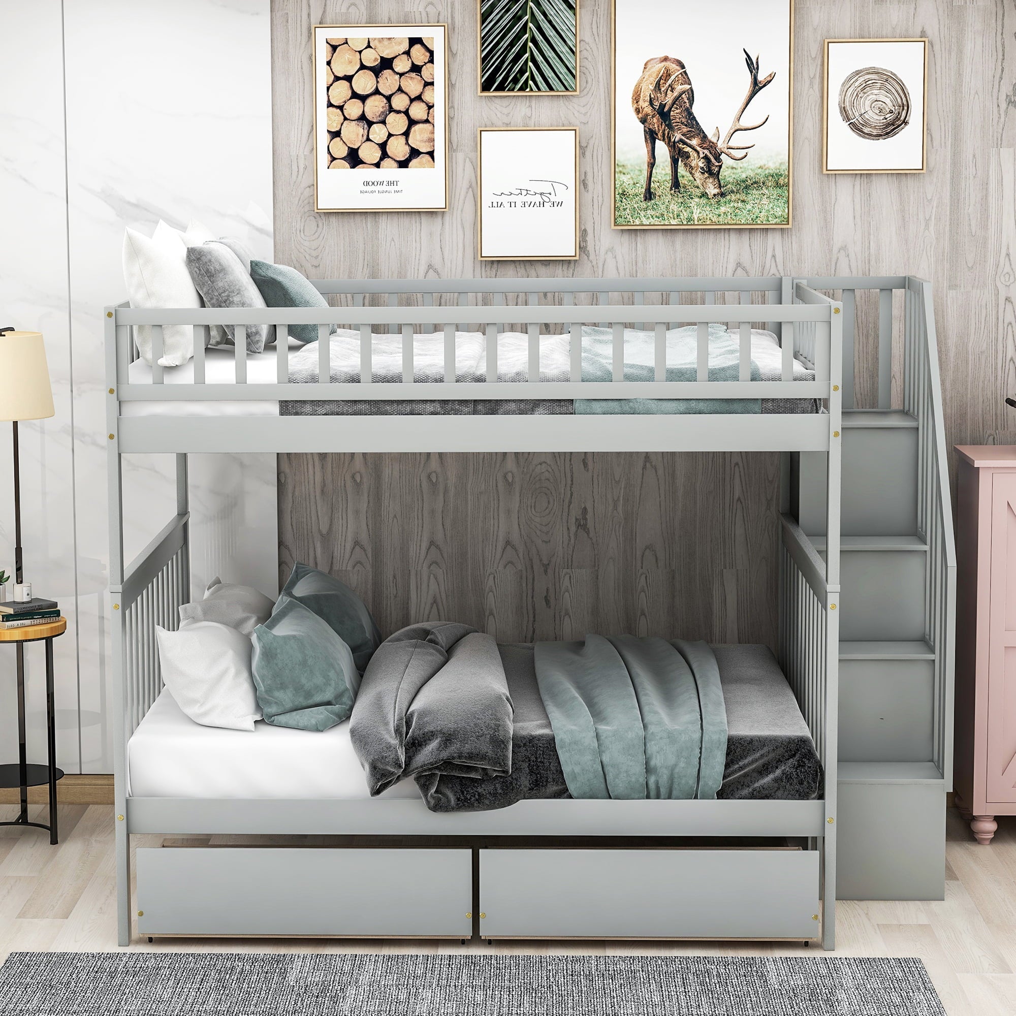 Euroco Full over Full Bunk Bed with Storage Shelves and 2 Under Storage Drawers for Kids Room