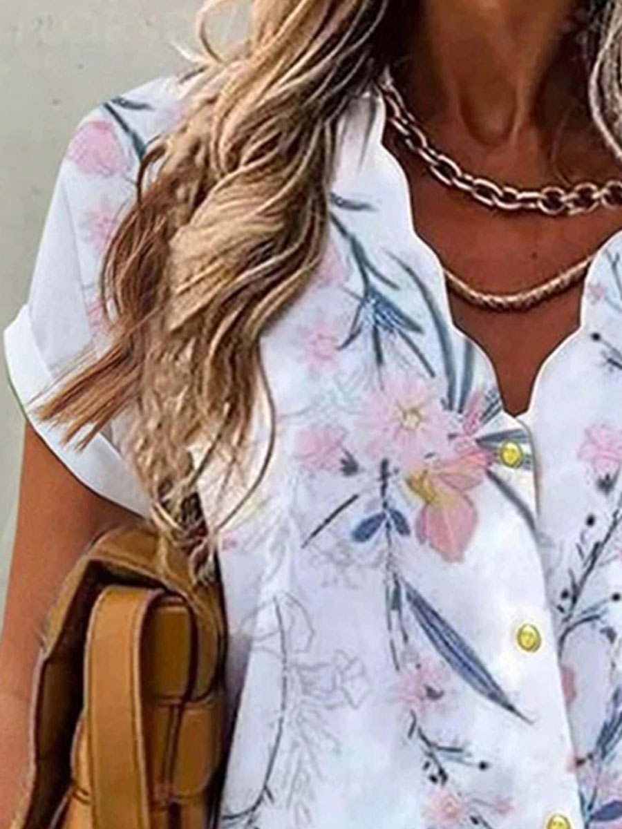 V-neck Casual Loose Floral Print Short Sleeve Blouse