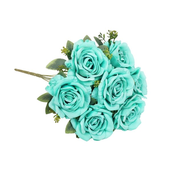 Set of 2 Deluxe Tiffany Blue Artificial Elegant Rose Flower Stem Bush Bouquet 17in