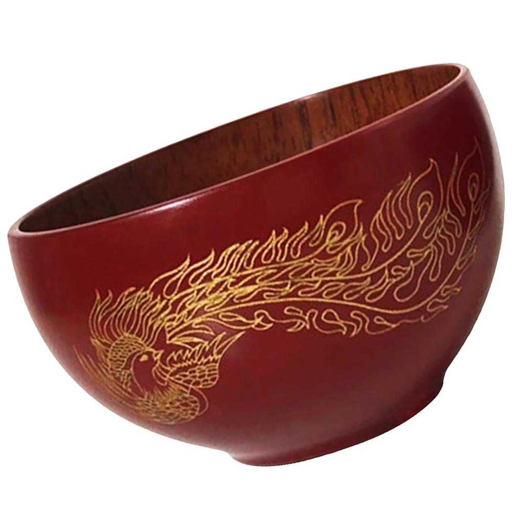 Phoenix Pattern Wood Rice Noodles Hand-crafted Serving Bowl Japanese Style Tableware Food Container red and Phoenix