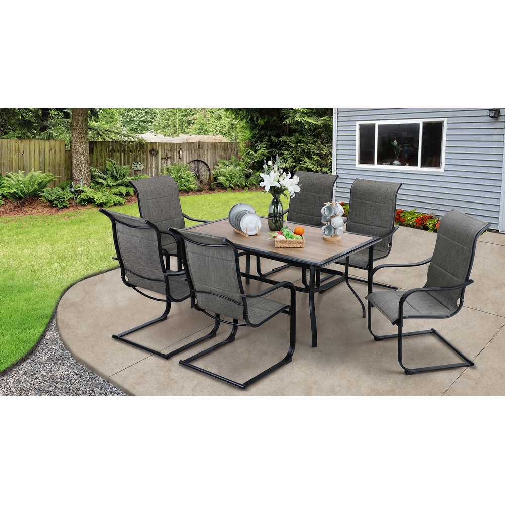 Patio Dining Set   4/6 Textilene Chairs and 1 Wood like Table with Umbrella Hole