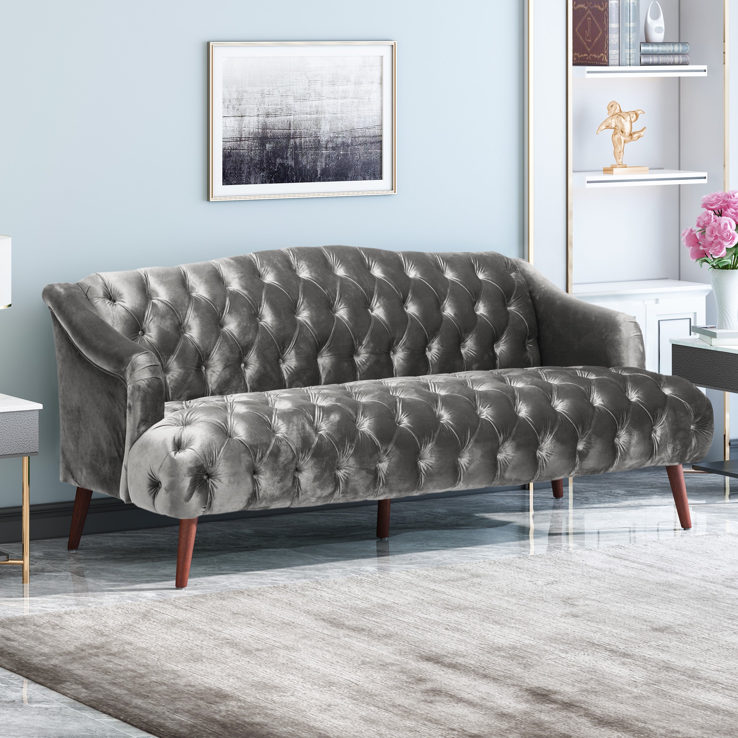 Kayleigh Modern Glam Tufted Velvet 3 Seater Sofa