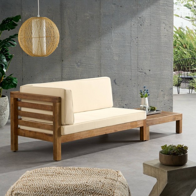 2pk Oana Outdoor Acacia Wood Left Arm Loveseat amp Coffee Table With Cushion Teak beige Christopher Knight Home