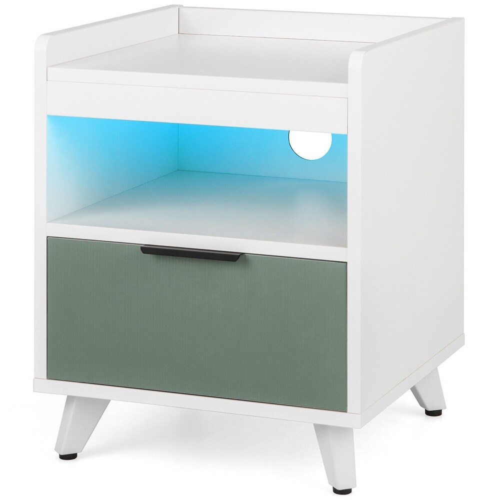 Gymax Nightstand Modern Beside End Table w/ LED Lights Open