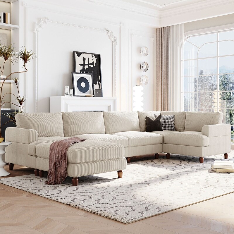 Modular Sectional Sofa Corduroy Fabric Upholstered L Shaped Corner Sofa with Ottoman and Wooden Legs for Living Room  Office