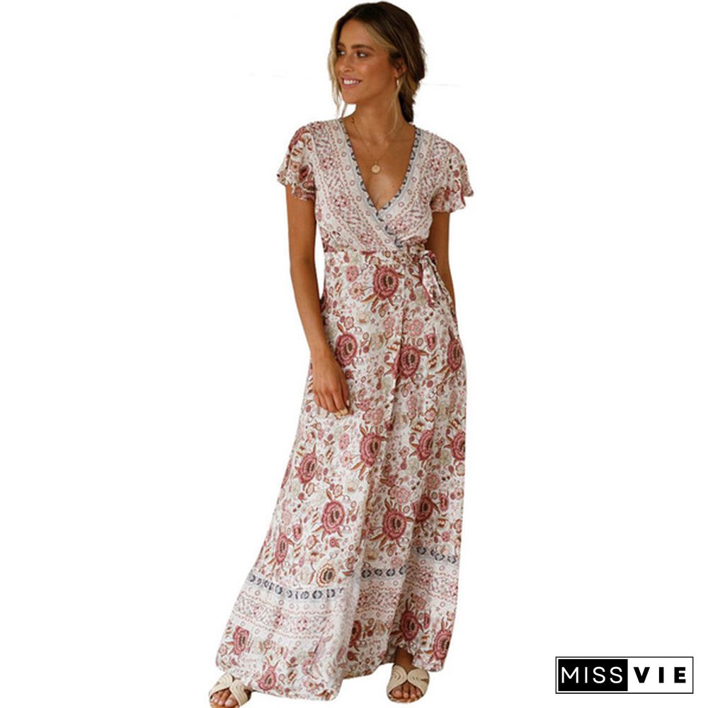 New Summer Women Fashion Floral Print Sexy Deep V Neck Short Sleeve Evening Party Long Casual Maxi Dresses With Belt Boho Beach Sundress, Kleid, Robe de femme