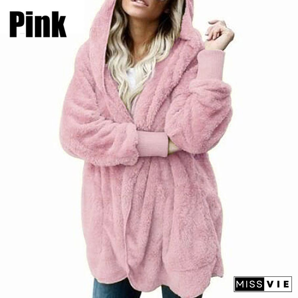 Winter Women’s Fashion Warm Outwear Solid Color Long Sleeve Sweaters Hoodies Coats Loose Plush Cardigan Coat Plus Size Coat