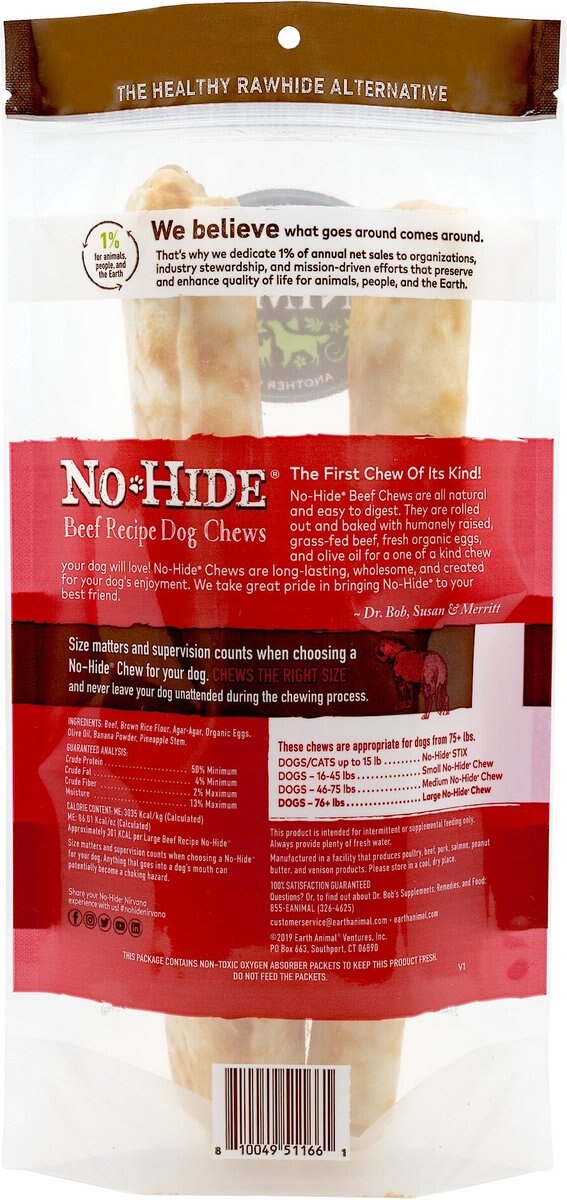 Earth Animal No-Hide Long Lasting Natural Rawhide Alternative Beef Recipe Large Chew Dog Treats， 2 count