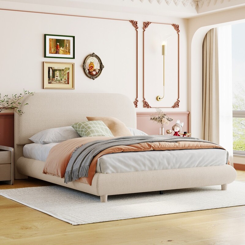 Full/Queen Size Teddy Fleece Upholstered Bed with Thick Fabric  Platform Bed Frame with Headboard   Stylish Curve shaped Design