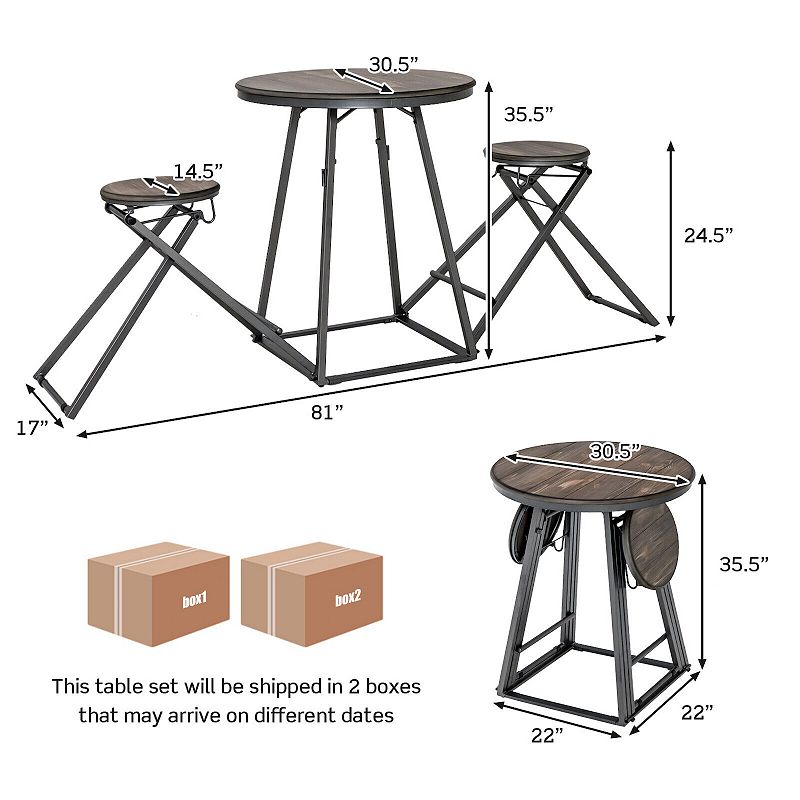 3 Pieces Dining Table Set with 2 Foldable Stools for Small Space-Gray