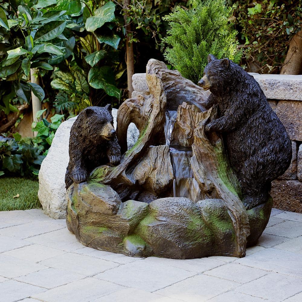 Alpine Corporation 24 in. Tall Outdoor 2 Bears Climbing on Rainforest Water Fountain with LED Lights GXT252