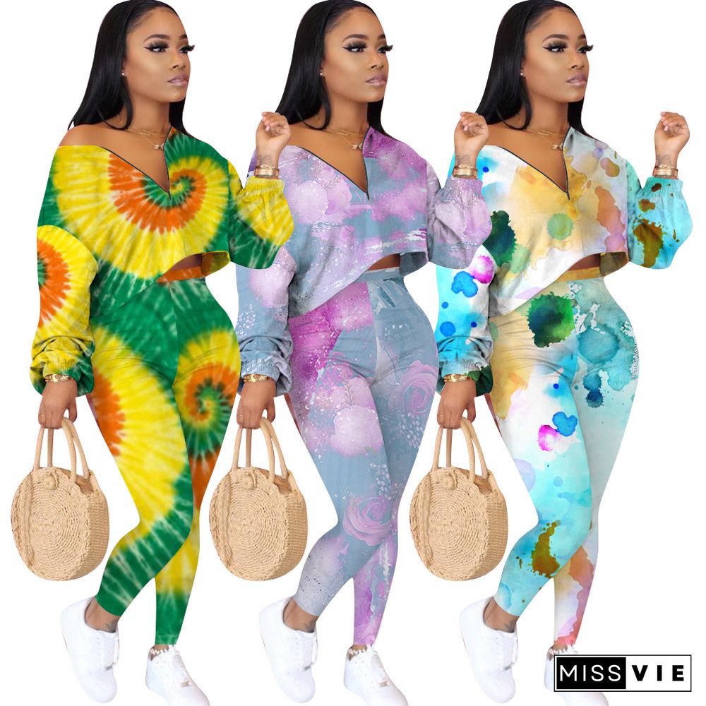 Colorful Printed Long Sleeve Pencil Pants Two-piece Set