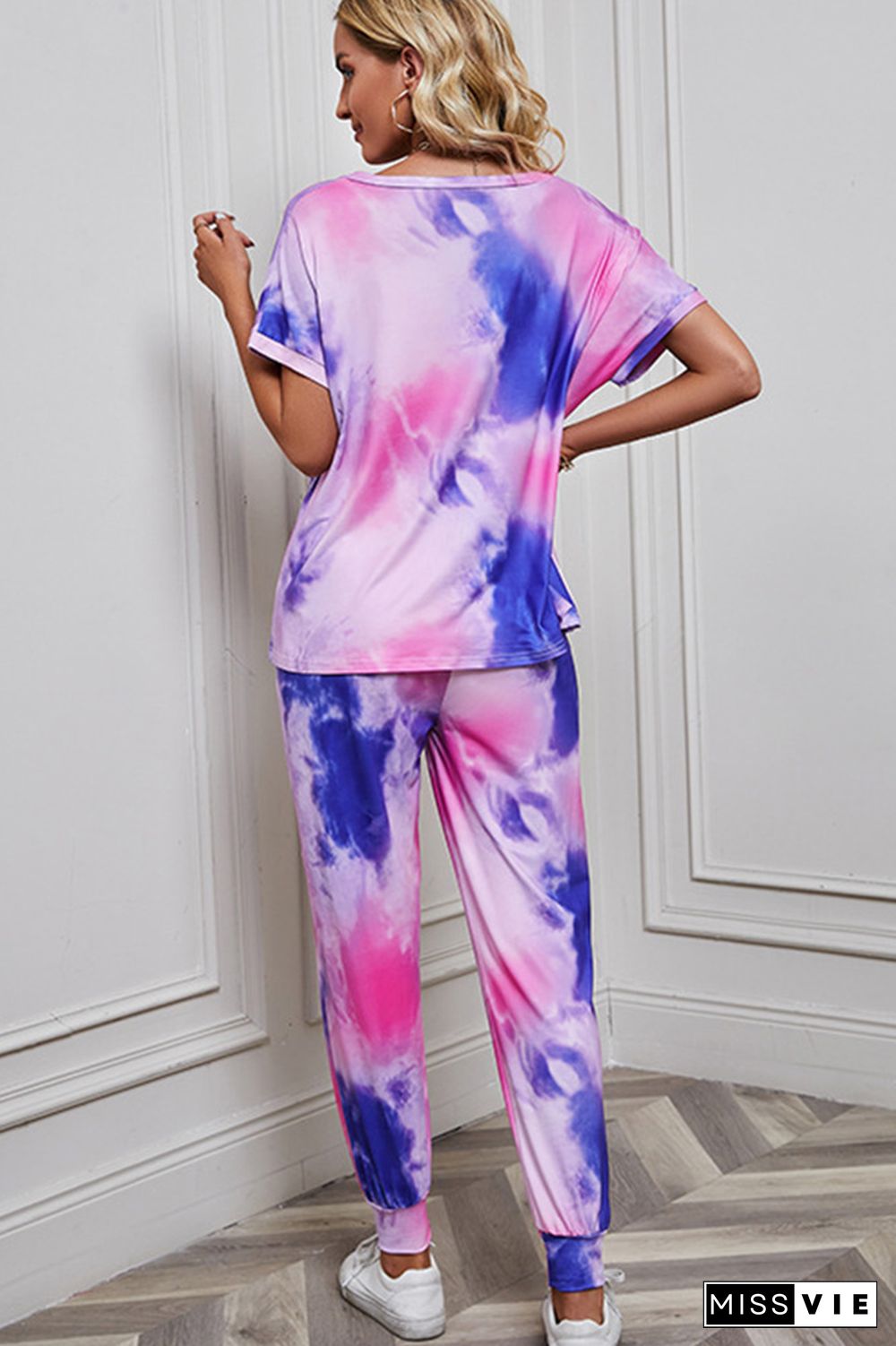 Tie Dye Short Sleeve Top and Drawstring Pants Two Pieces Set