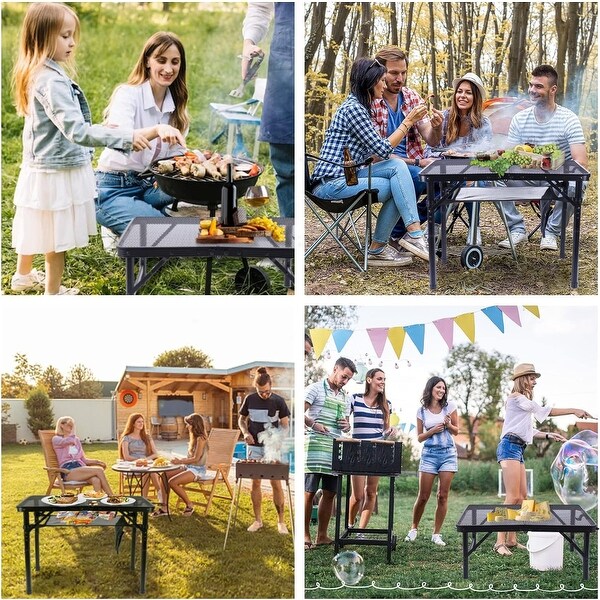 Grill Table，Outdoor Table，Card Table，Portable Grill Table，Adjustable Heights Camping Table with Mesh Bag and Cup Holders