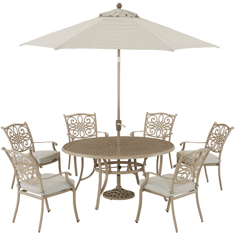 Hanover Traditions 7 Piece Dining Set with 6 Stationary Chairs and 60 In. Table  9 Ft. Umbrella  and Stand  Sand Finish