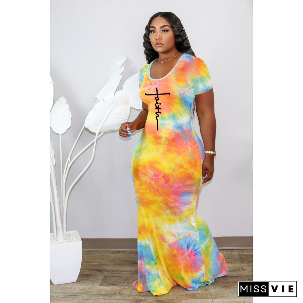 Tie Dye Short Sleeve Floor Length Plus Size Dress