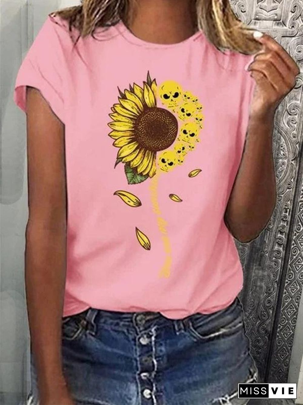 Summer Women Sunflower&Skull Pattern T-Shirt