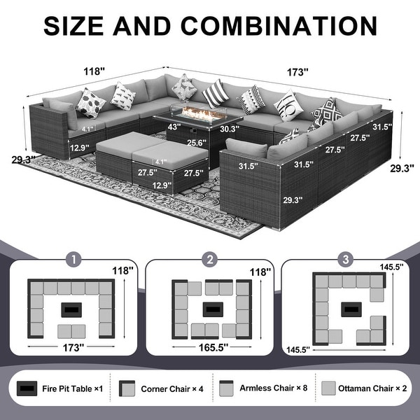 Nicesoul Outdoor Grey Wicker Sectional Furniture Patio Sofa Set with Firepit Table