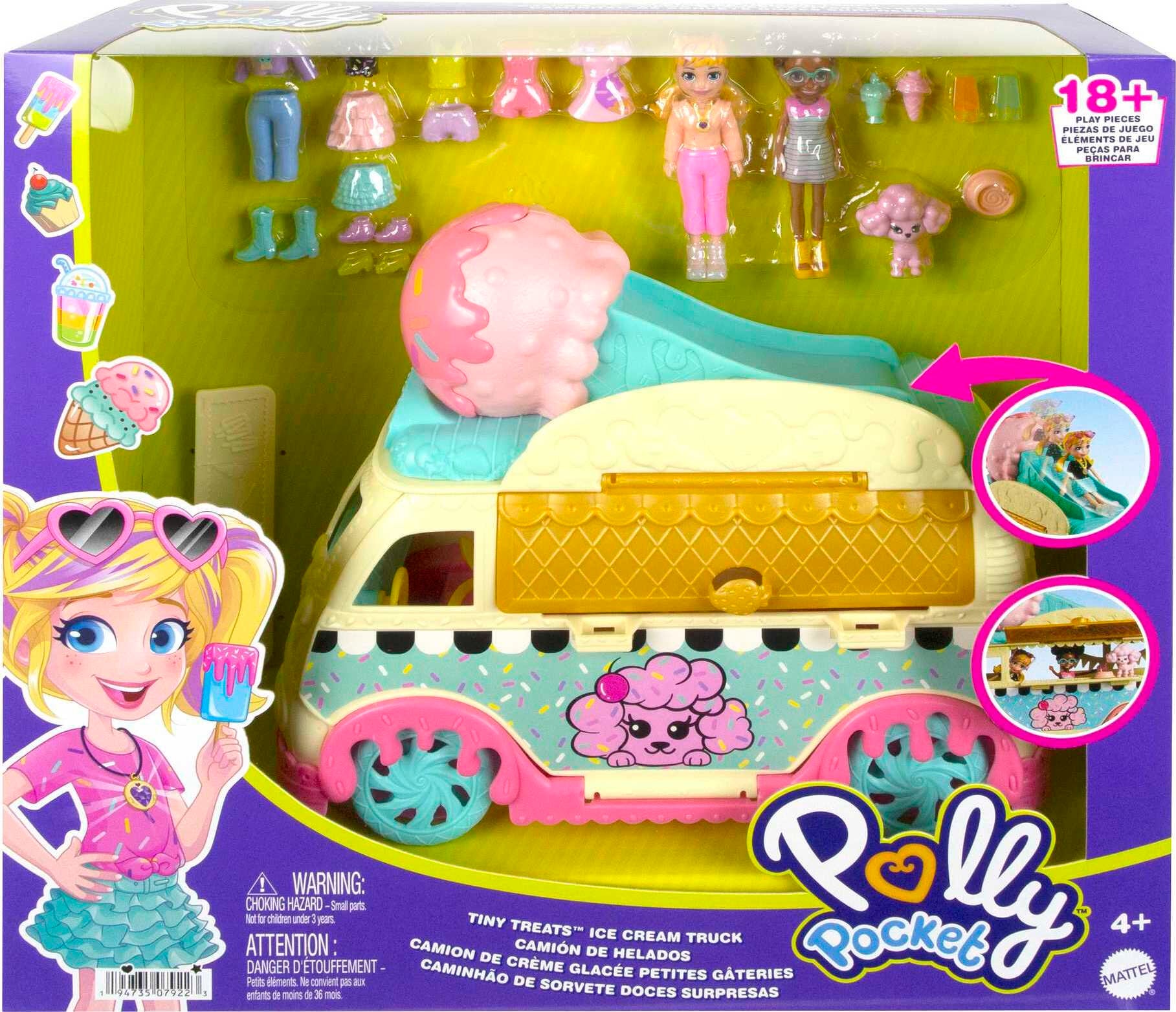Polly Pocket Tiny Treats Ice Cream Playset, Vehicle Toy with 2 (3-inch) Dolls and 18+ Accessories