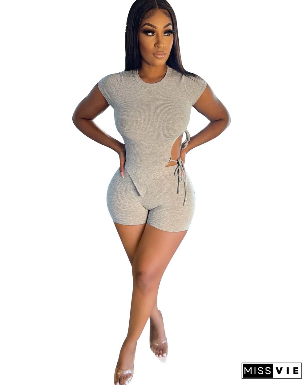 Solid Bodycon Women Short Sleeve O Neck Irregular Bandage Crop Top Biker Shorts Two Piece Set