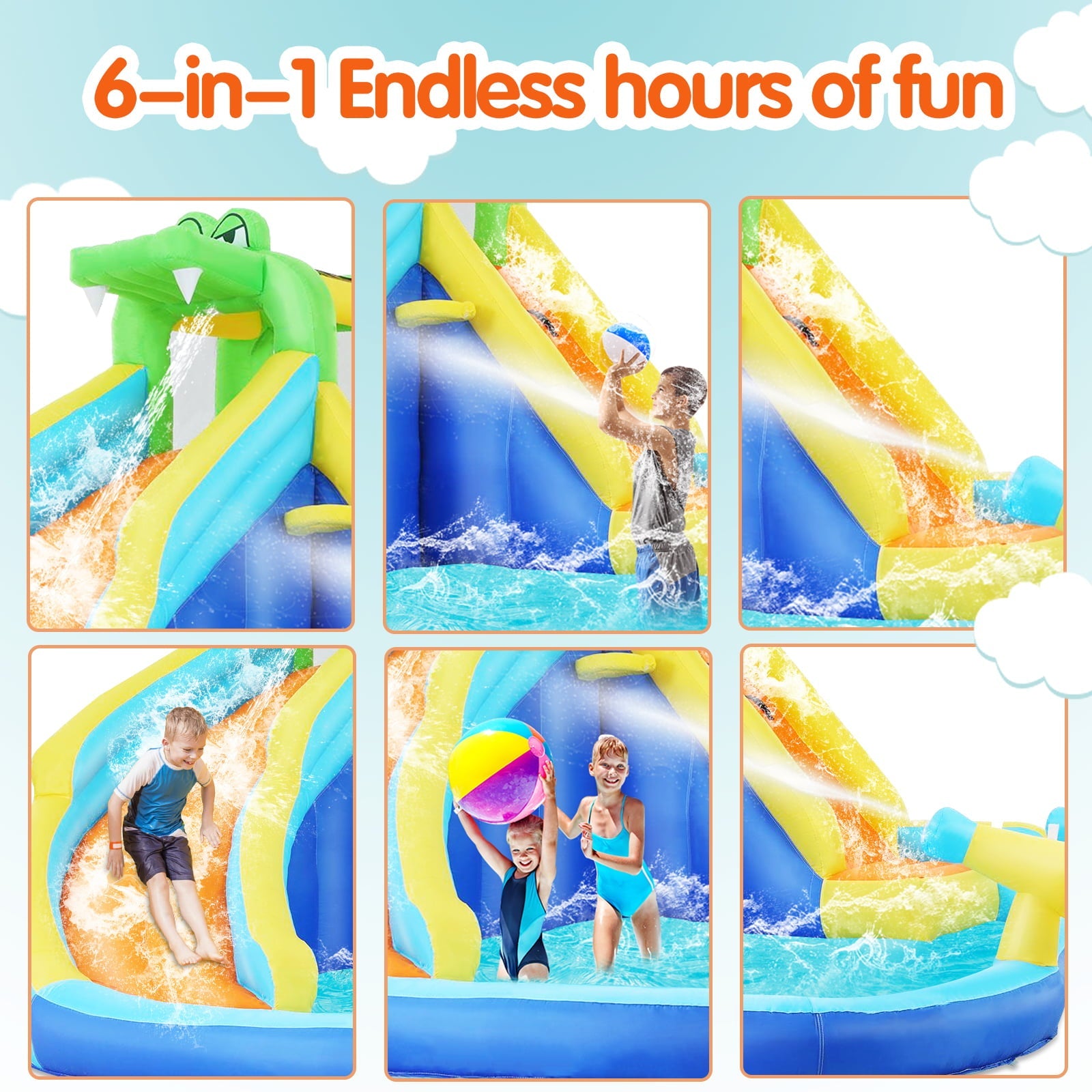 Inflatable Bounce House with Spray Pool, 2 Water Guns, Climbing Wall, Basketball Hoop, and Inflatable Water Slide with UL Air Blower, for Wet and Dry  Bouncy House(Gift for Kids)