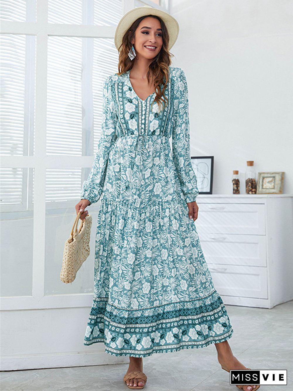 V-neck Fashion Printed High Waist Long Skirt Dress