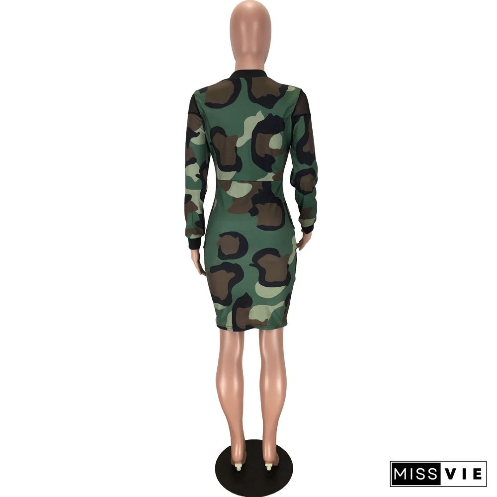 Mesh Patchwork Leopard Camouflage Bodycon Midi Dress