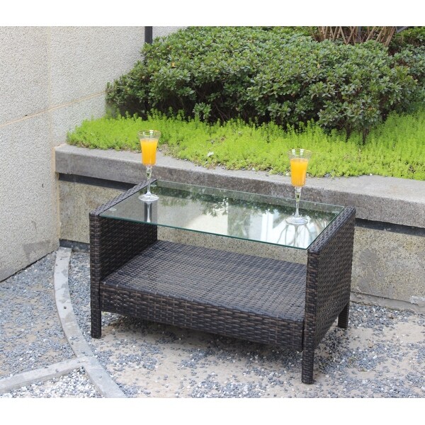 Rectangular Iron Outdoor Dining Table with Tempered Glass in Brown