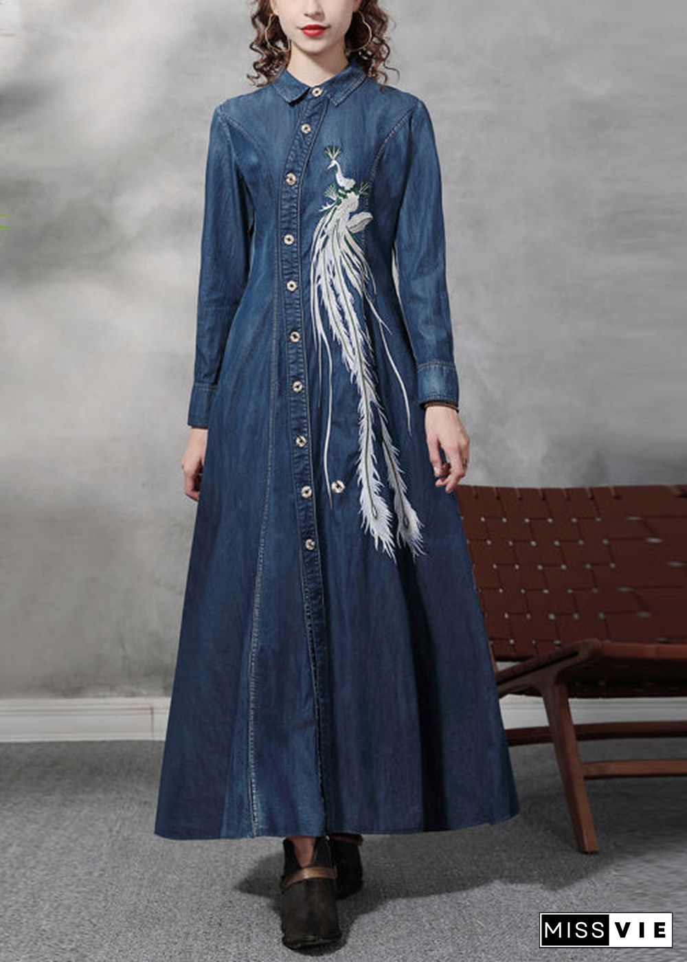 Slim Fit Blue Peter Pan Collar Button Waist retraction Embroideried Cotton Denim Dresses Long Sleeve