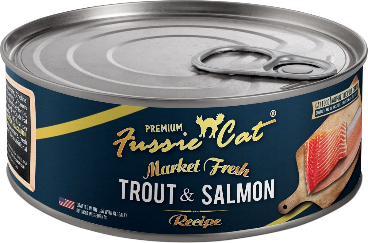 Fussie Cat Market Fresh Trout and Salmon Wet Cat Food， 5.5-oz can， case of 24