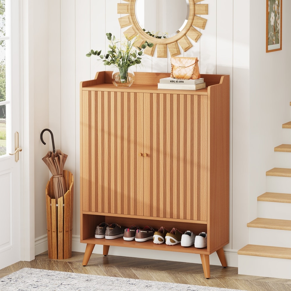 Entryway Slim Shoe Storage Cabinet with Adjustable Shelves and Open Shelf