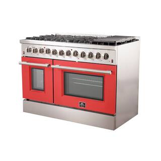 Forno Galiano 48 in. 8-Burner Double Oven Dual Fuel Range with Gas Stove and Electric Oven in Stainless Steel with Red Door FFSGS6156-48RED