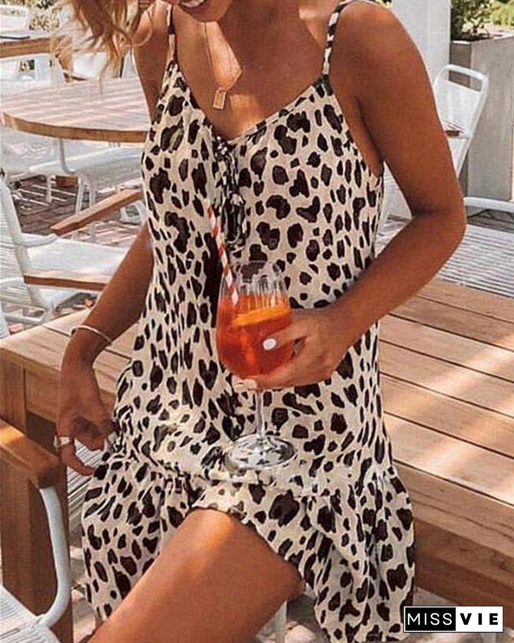 Leopard 3/4 Sleeves Shift Above Knee Casual/Vacation Tunic Dresses