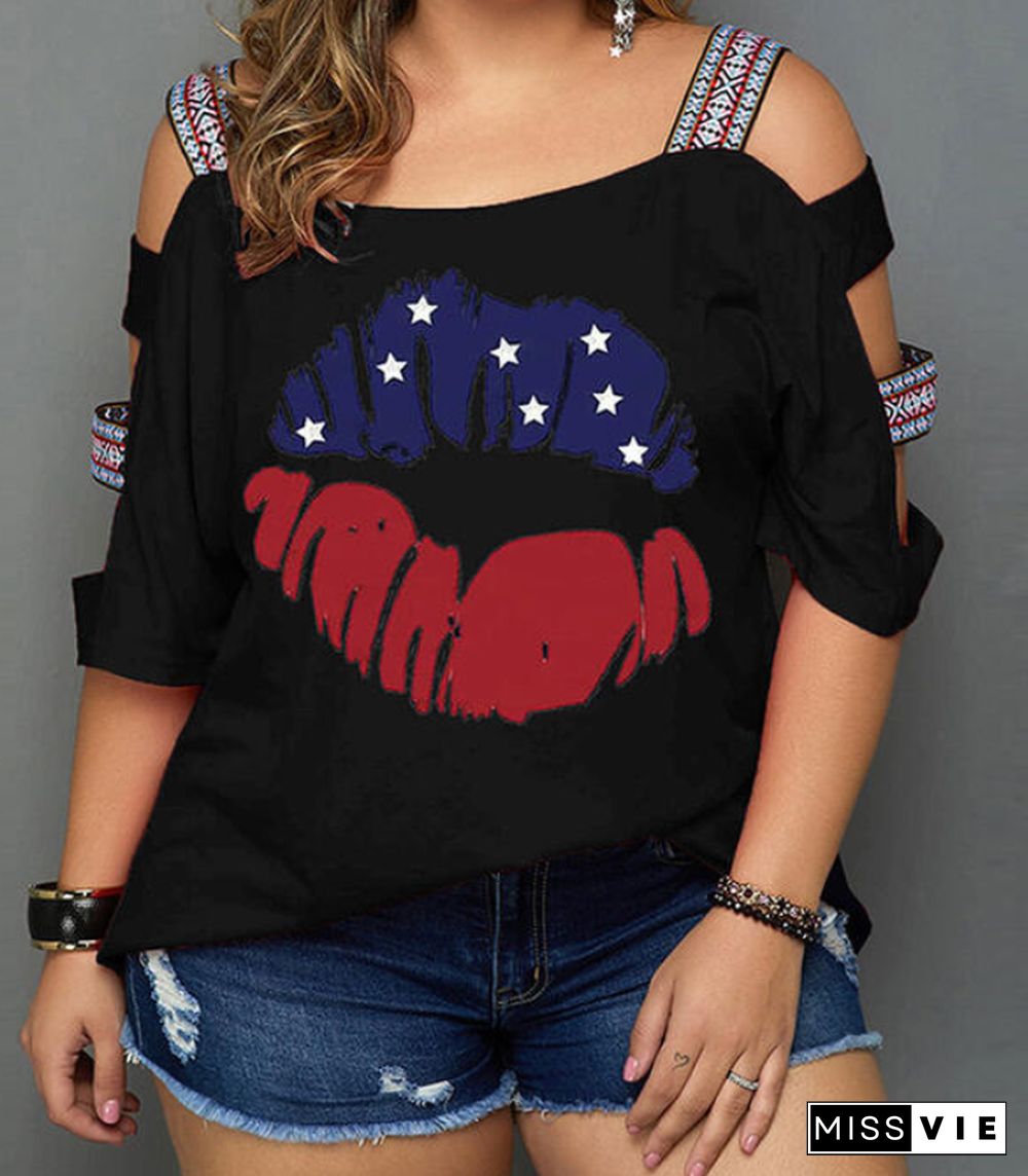 Print Cold Shoulder 3/4 Sleeves Casual Plus Size Blouses