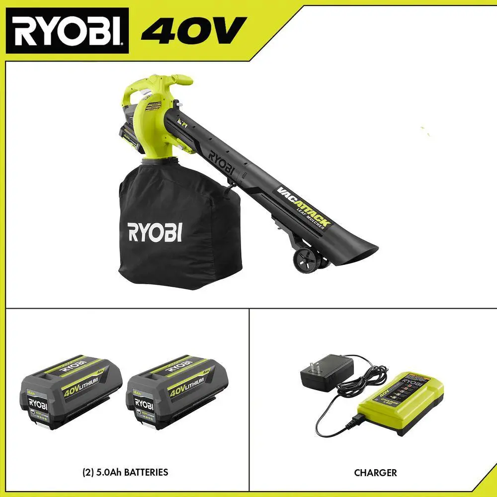 RYOBI 40V Vac Attack Cordless Leaf VacuumMulcher with (2) 5.0 Ah Batteries and (1) Charger RY40451-2B