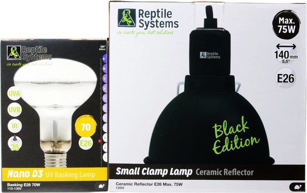 Reptile Systems 70 Watt D3 Basking Lamp and Black Clamp Lamp Bearded Dragon Kit