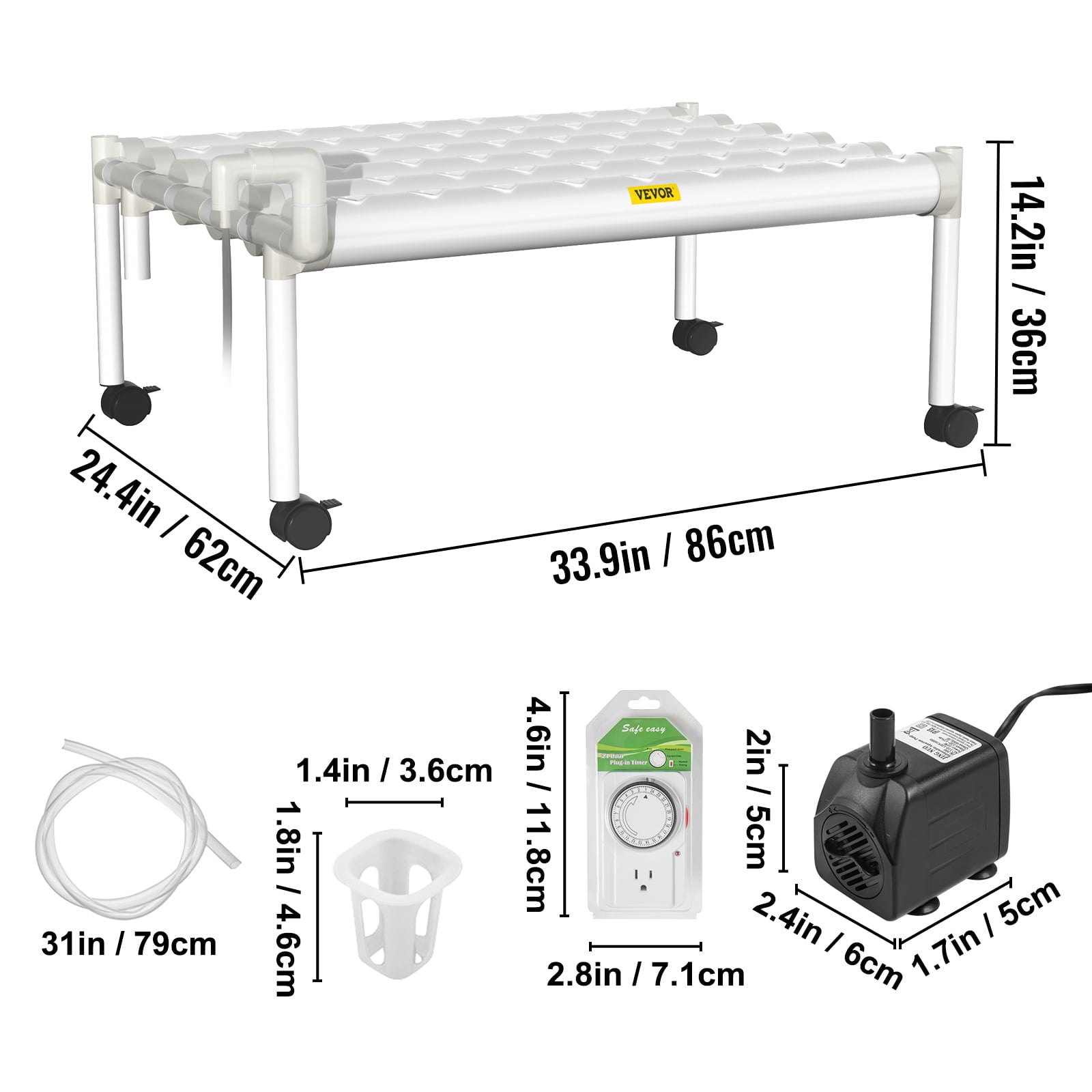 VEVOR Hydroponic Site Grow Kit 1 Layer 54 Plant Sites， 6 PVC Pipes Hydroponic Indoor Plant Growing System， Food-Grade Pipe Plant Grow Kit with Water Pump and Timer