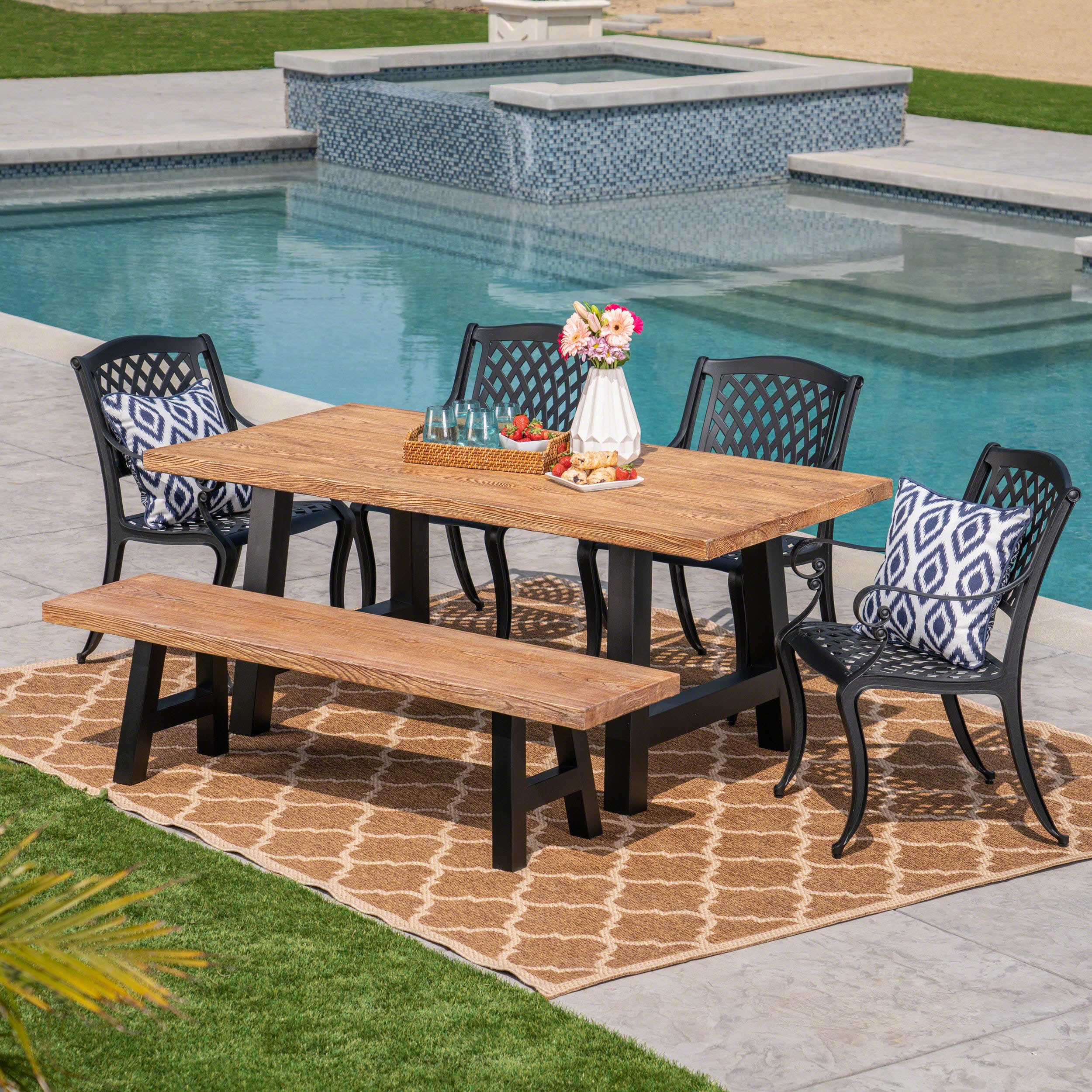 Dorris Outdoor 6 Piece Black Sand Aluminum Dining Set with Light Weight Concrete Table and Bench