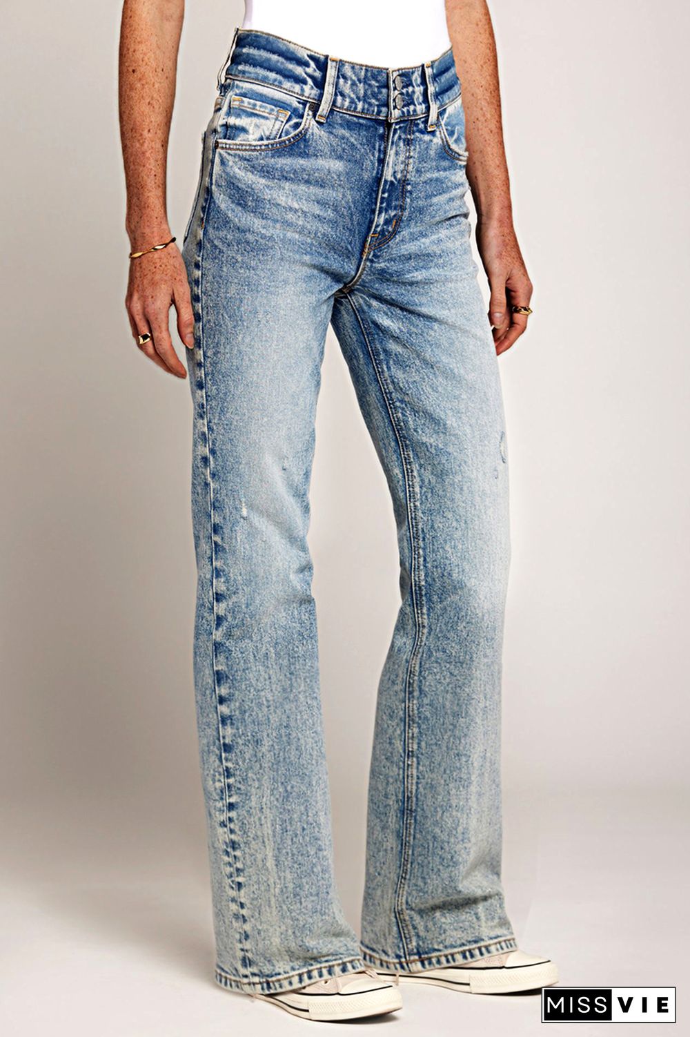 Dual Button High Waist Straight Leg Jeans