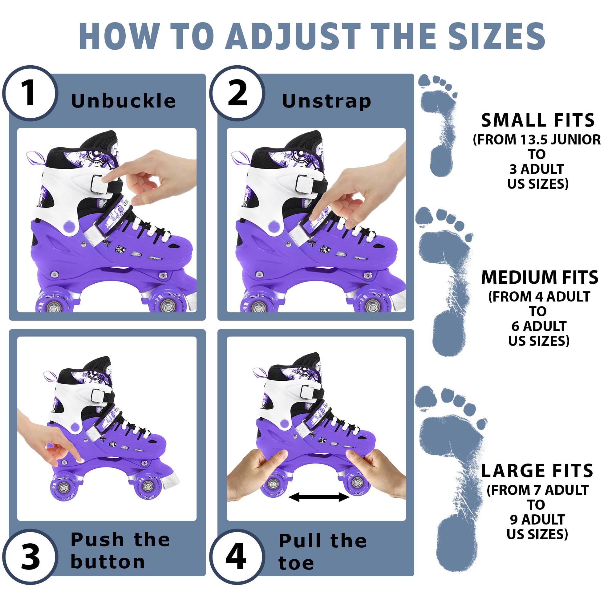 Adjustable Purple Quad Roller Skates For Kids Large Sizes