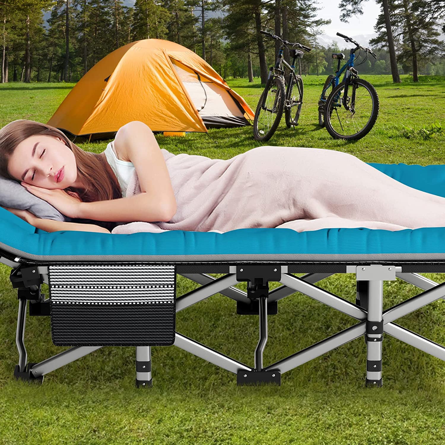 Slsy Folding Camping Cot with 2 Sided Mattress & Carry Bag, Portable Folding Cots for Adults, Heavy Duty Outdoor Sleeping Cot Bed