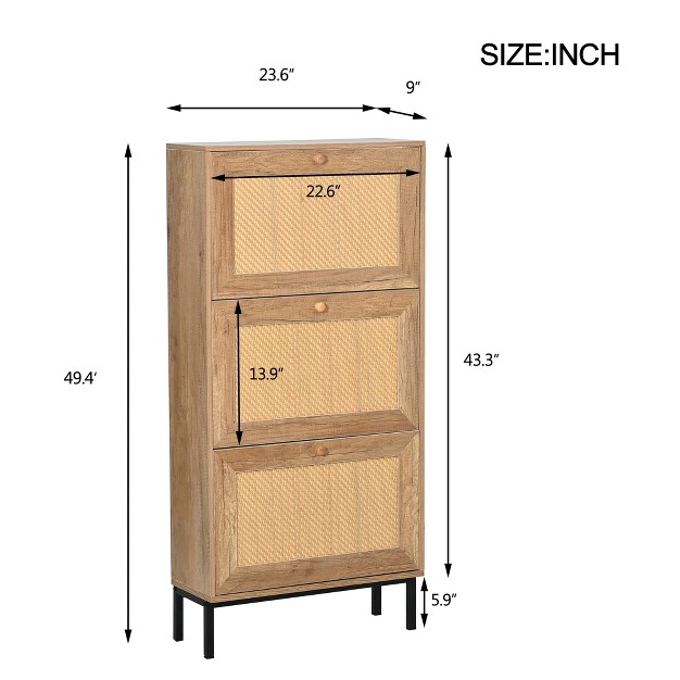 Freestanding Rattan Shoe Cabinet With 3 Flip Drawers And Metal Legs For Entrance Hallway And Bedroom Natural Modernluxe