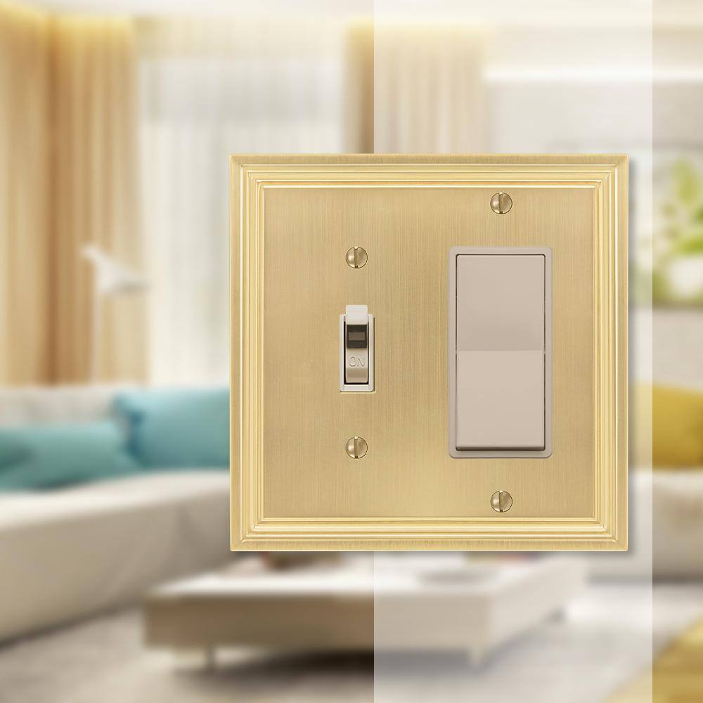 AMERELLE Hallcrest 2 Gang 1-Toggle and 1-Rocker Metal Wall Plate - Satin Brass 98TRSB