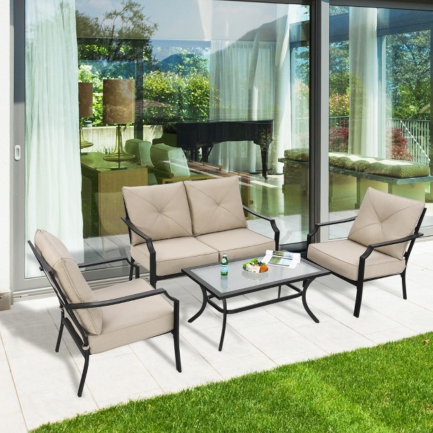 Costway 4 Pcs Patio Furniture Set Cushion Sofa Loveseat Sectional Garden Deck Poolside