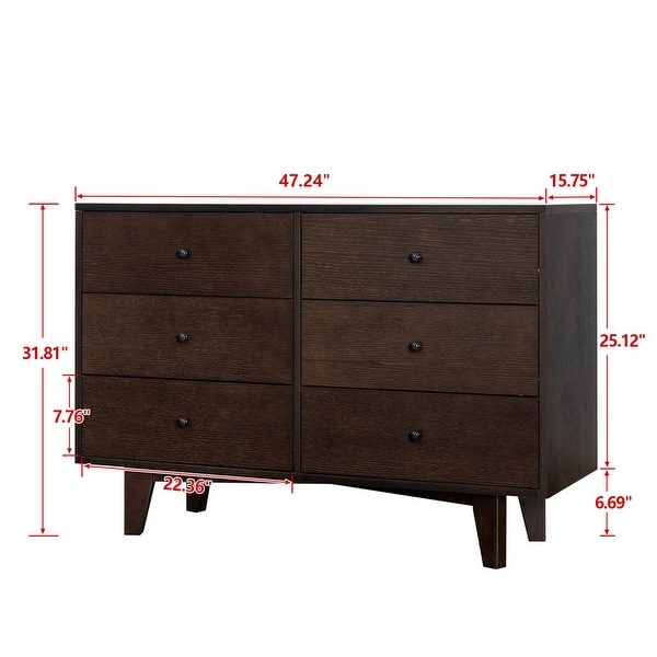 6-Drawer Wood Storage Cabinet Dresser with Round Handle， Antique Auburn - - 37853061