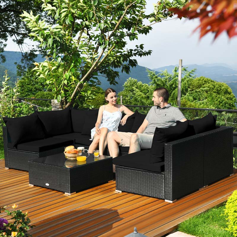 7 Pcs Rattan Patio Furniture Sectional Sofa Set Outdoor Wicker Conversation Set with Back & Seat Cushions Pillows