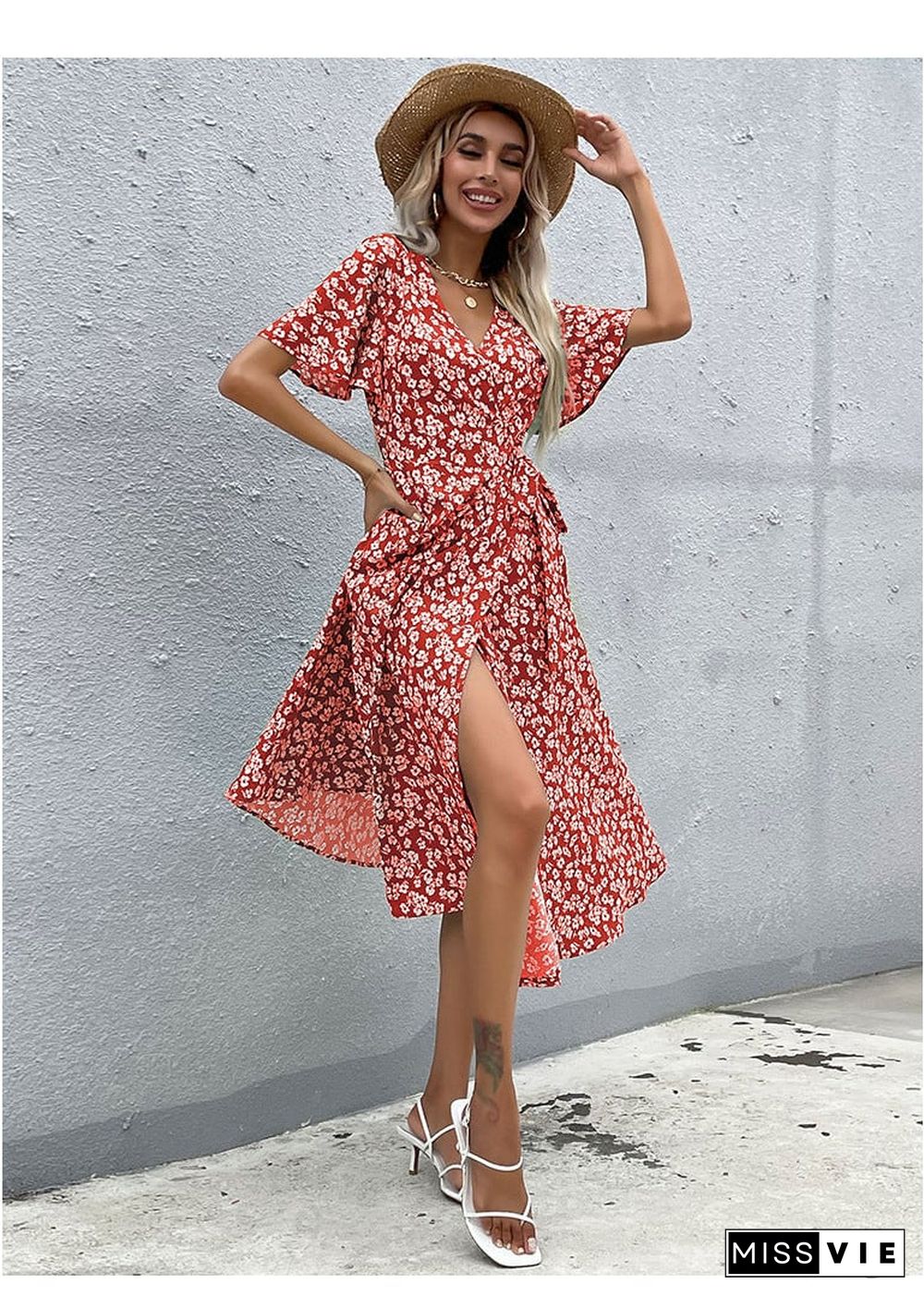 Boho High Waist Slim Printing Midi Dress Alona