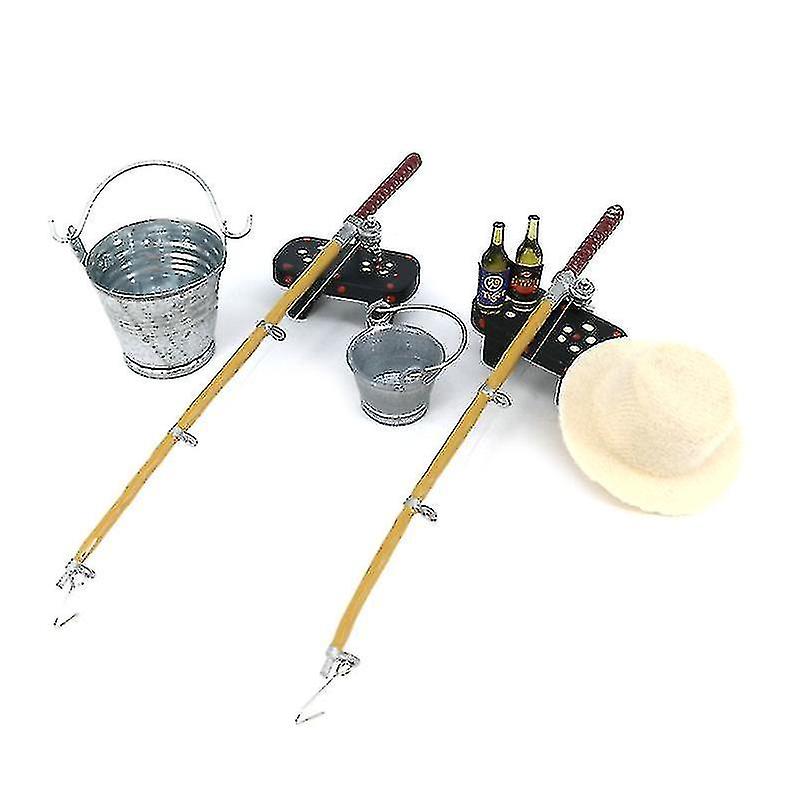 1/12 Dollhouse Miniature Fishing Rod Hat Bucket Stool Model Doll Life Scene Doll House Decoration